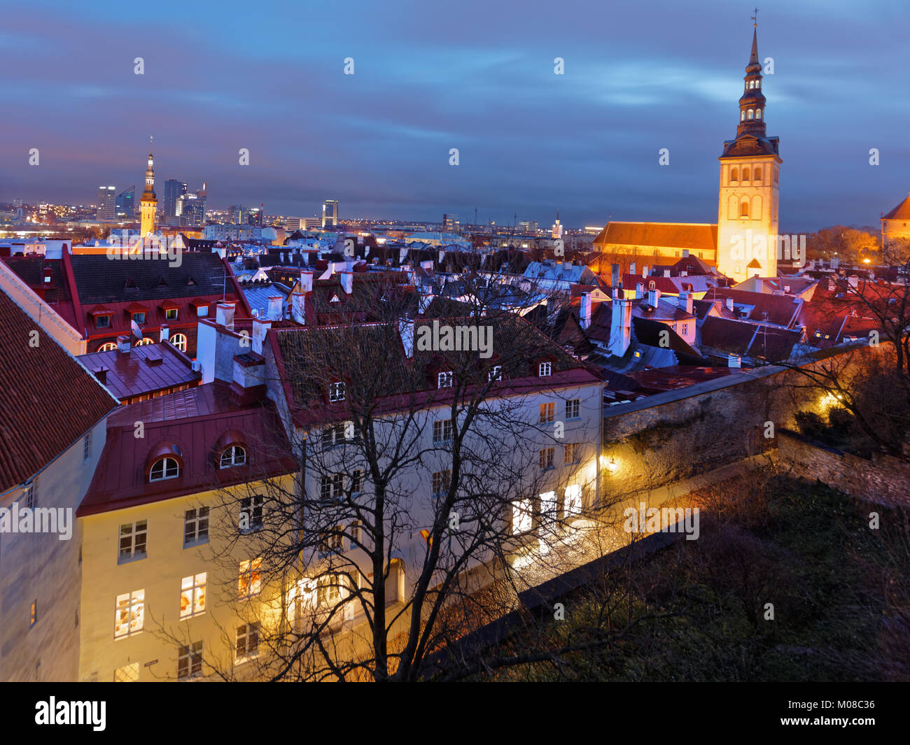 Tallinn, Estonia - November 4, 2017: Night cityscape of the Old Town. The Old Town is one of the best preserved medieval cities in Europe and is liste Stock Photo