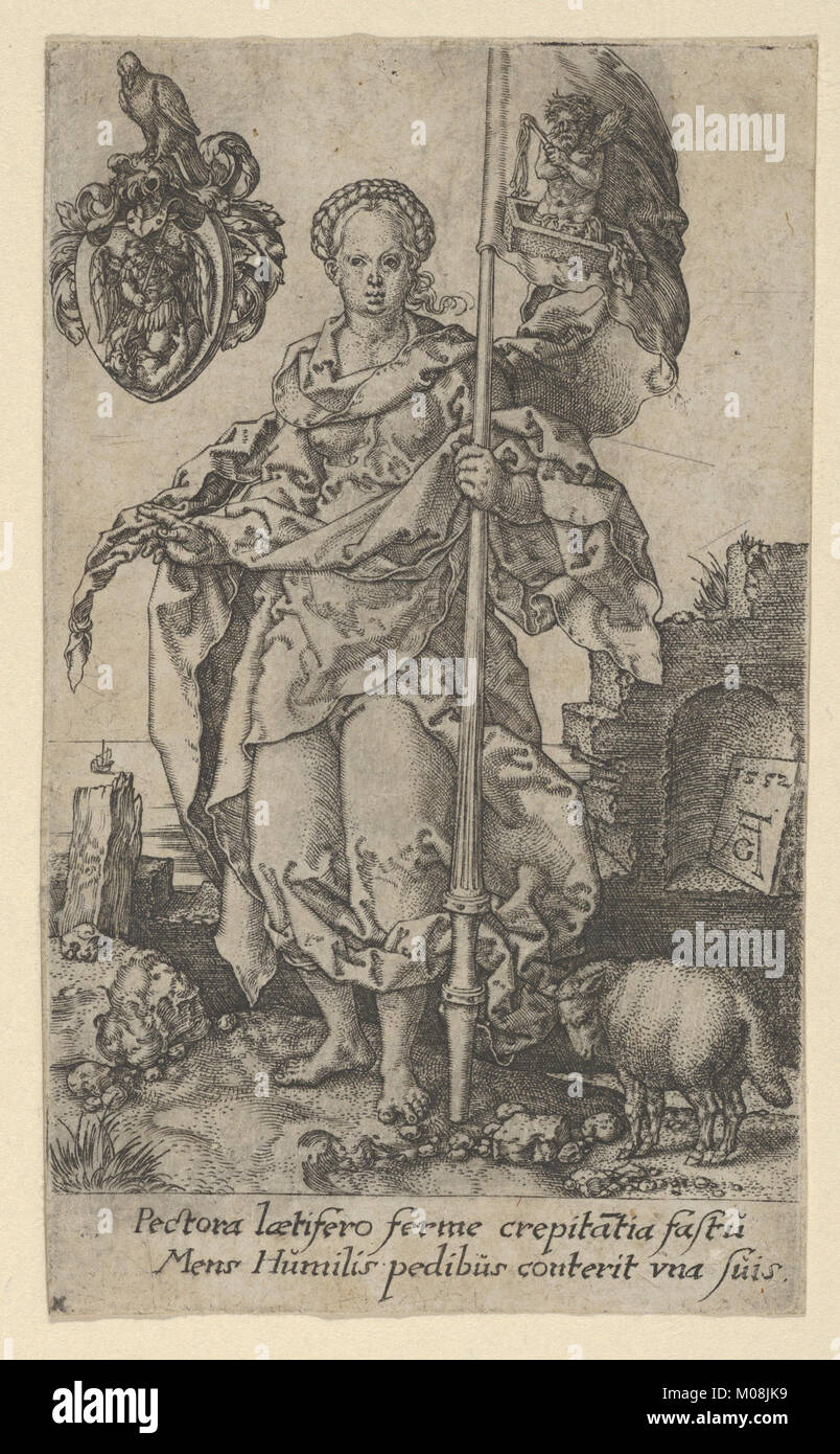 This artwork depicts Modesty as a classical virtue, showing a figure ...