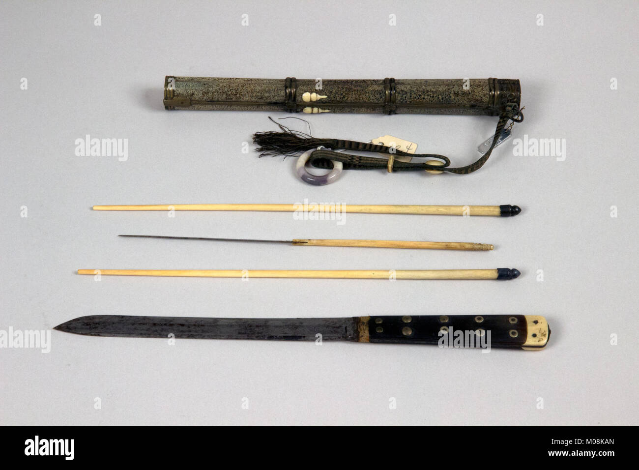 Knife with Sheath, Chopsticks, Pickle Spear and Toothpicks MET 36.25.987a-h 001July2014 Stock Photo