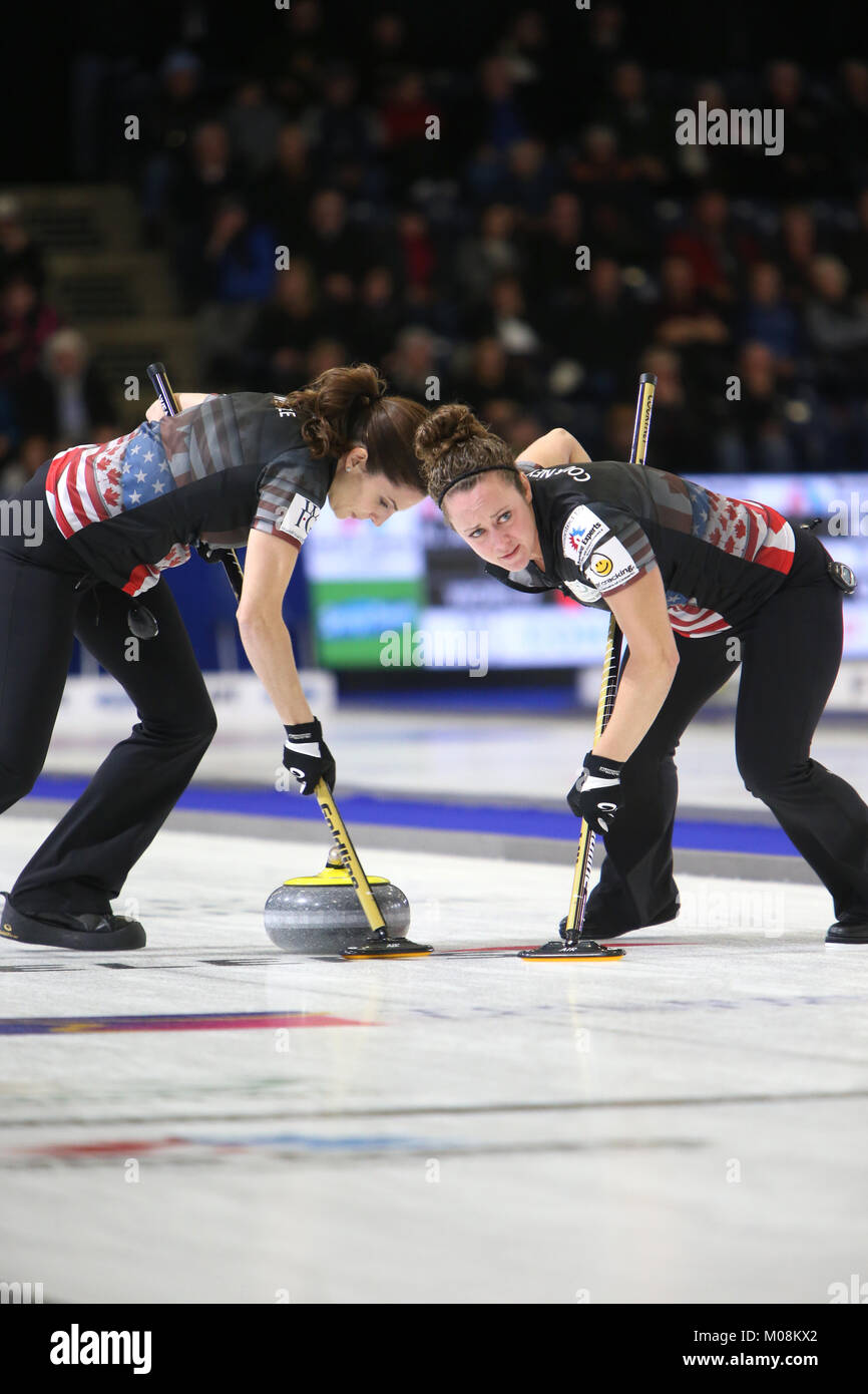 London, Ontario, Canada, Jan 11-14 2018 Western Fair sports complex. Joanne Courtney and Lisa Weagle Sweep for  for team North America. Stock Photo