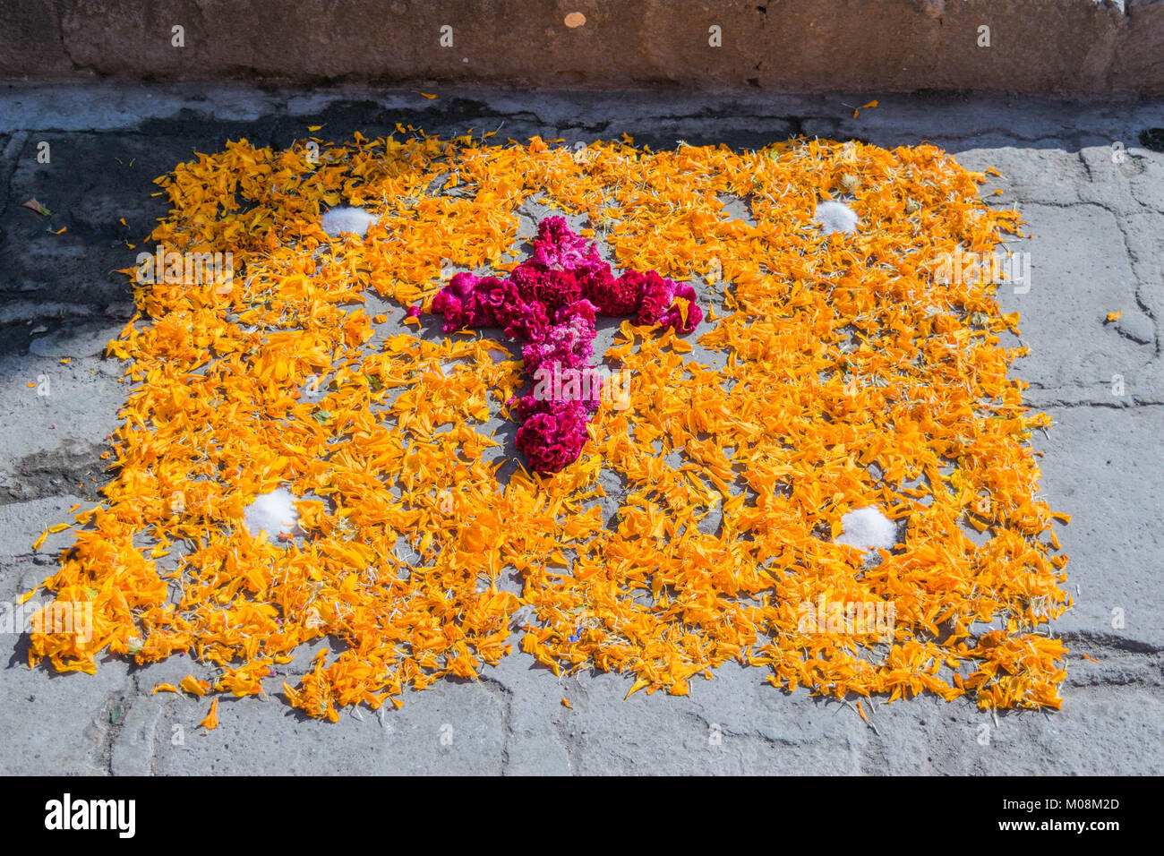 Red cross design made from red marigold flowers with orange marigolds