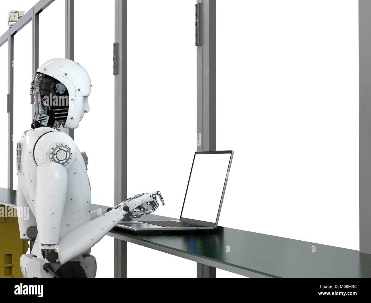 3d rendering robot working with notebook in factory Stock Photo