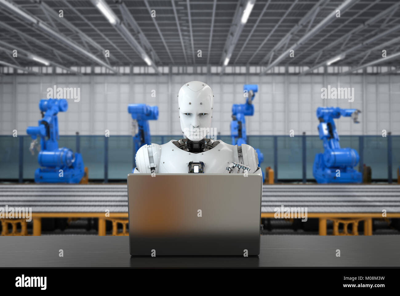 3d rendering robot working with notebook in factory Stock Photo