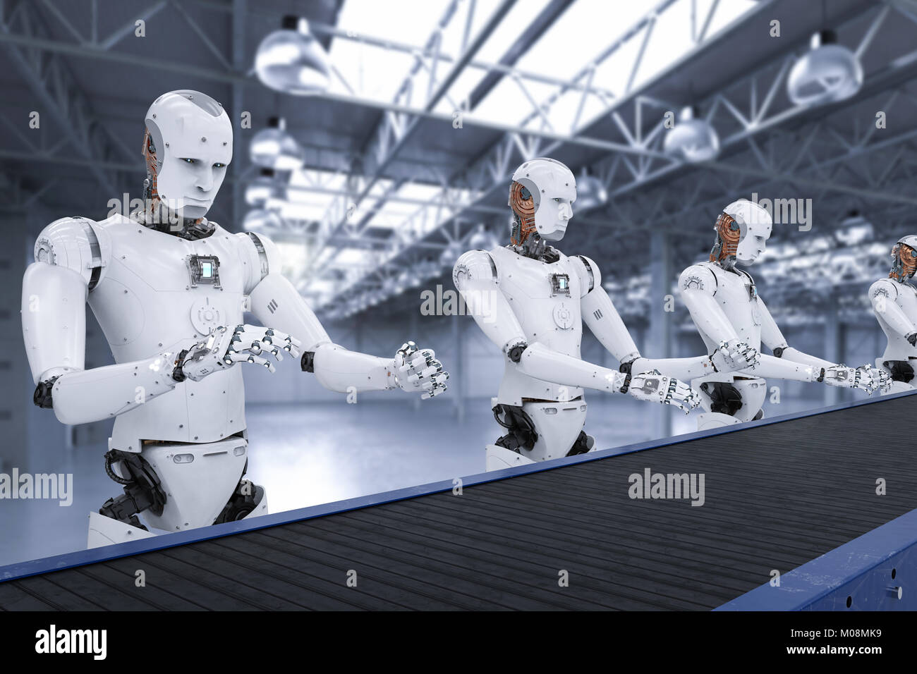 3d rendering android robot assembly line with conveyor line Stock Photo -  Alamy