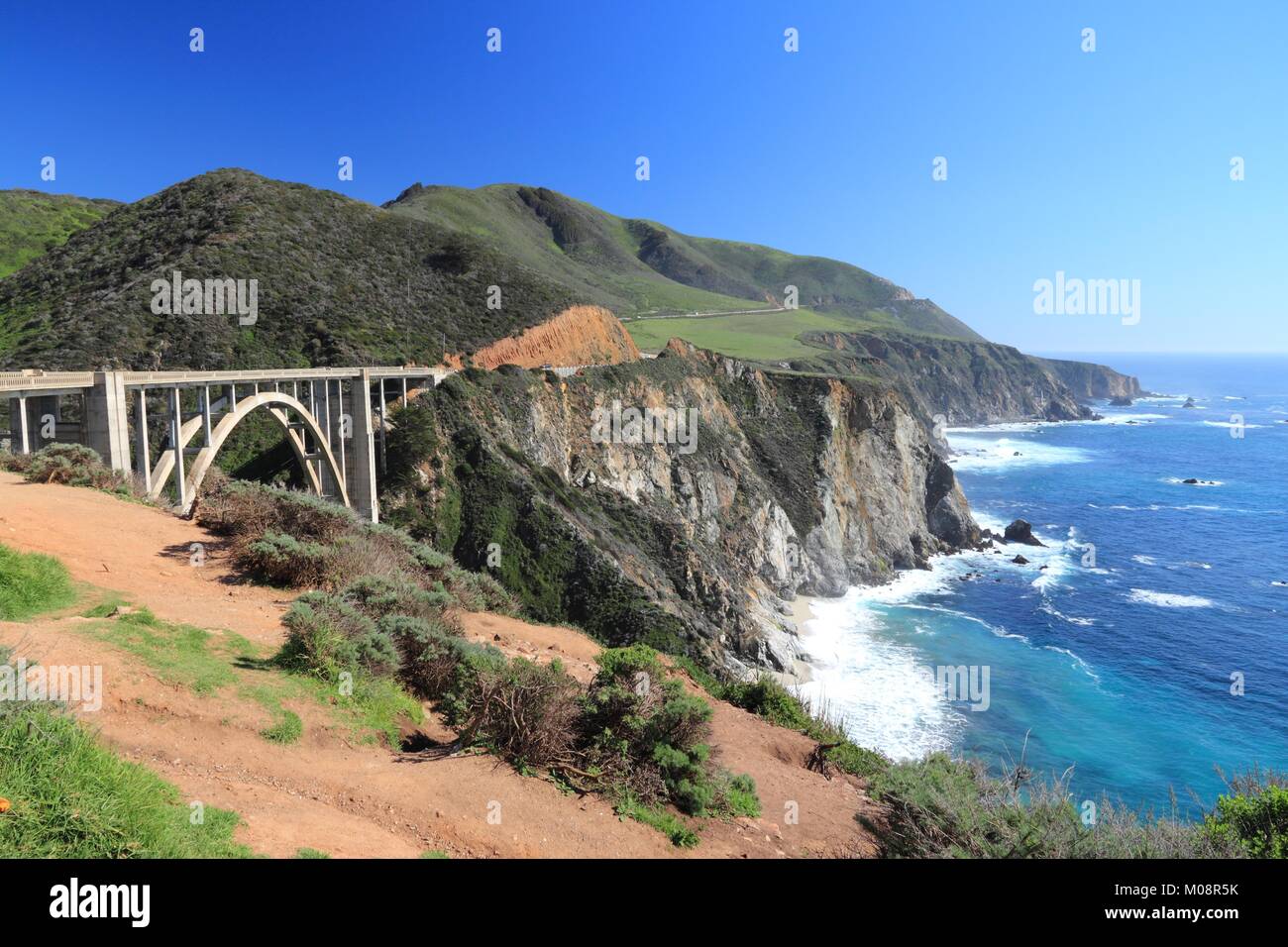 California, United States - Pacific Coast Highway scenic drive. Cabrillo Highway bridge. Stock Photo