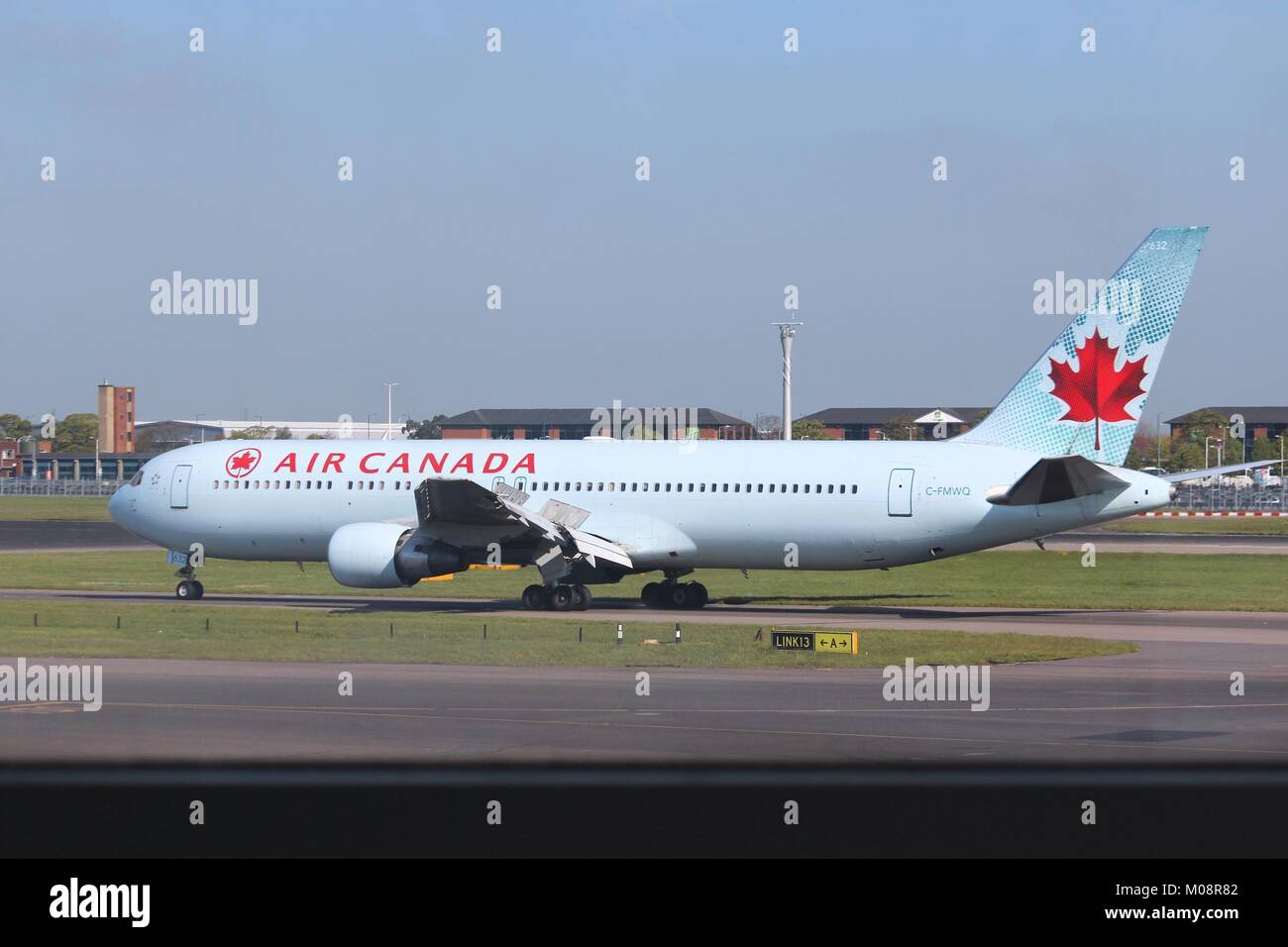 LONDON, UK - APRIL 16, 2014: Air Canada Boeing 767 after landing at London Heathrow airport. Air Canada is the largest airline of Canada with 35.8 mil Stock Photo