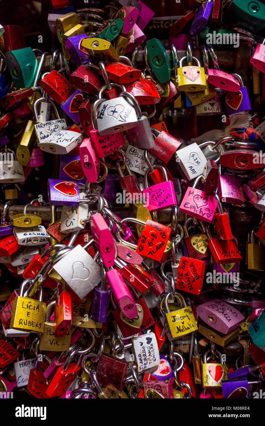 VERONA, ITALY JUNE 02, 2014 Locks attachted to the wall of Juliets