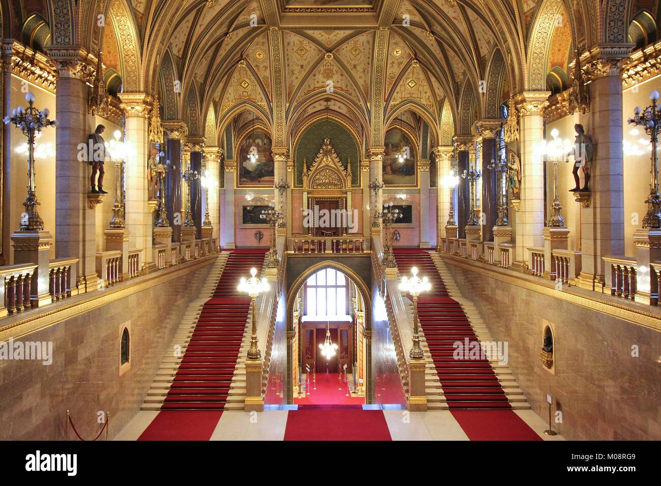 BUDAPEST, HUNGARY - JUNE 19, 2014: Interior view of Parliament Building in Budapest. The building was completed in 1905 and is in Gothic Revival style Stock Photo