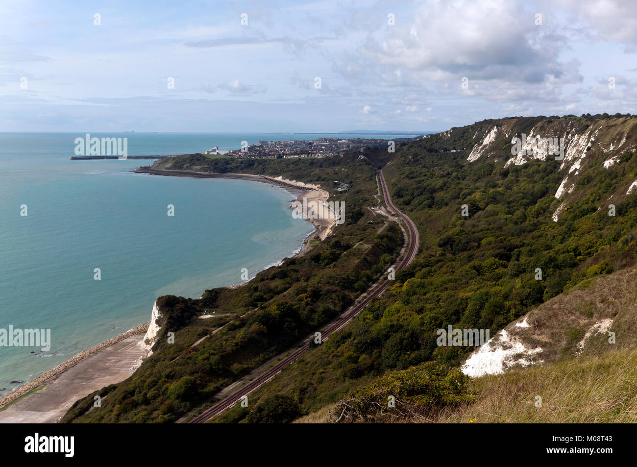 Cliff-top view taken from Capel-Le-Ferne, looking towards the town of Folkestone Stock Photo