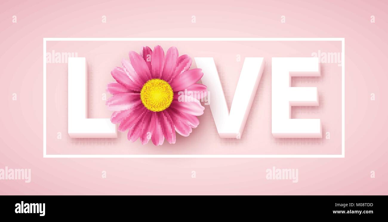 Love typography with pink daisy flower. Vector illustration Stock Vector