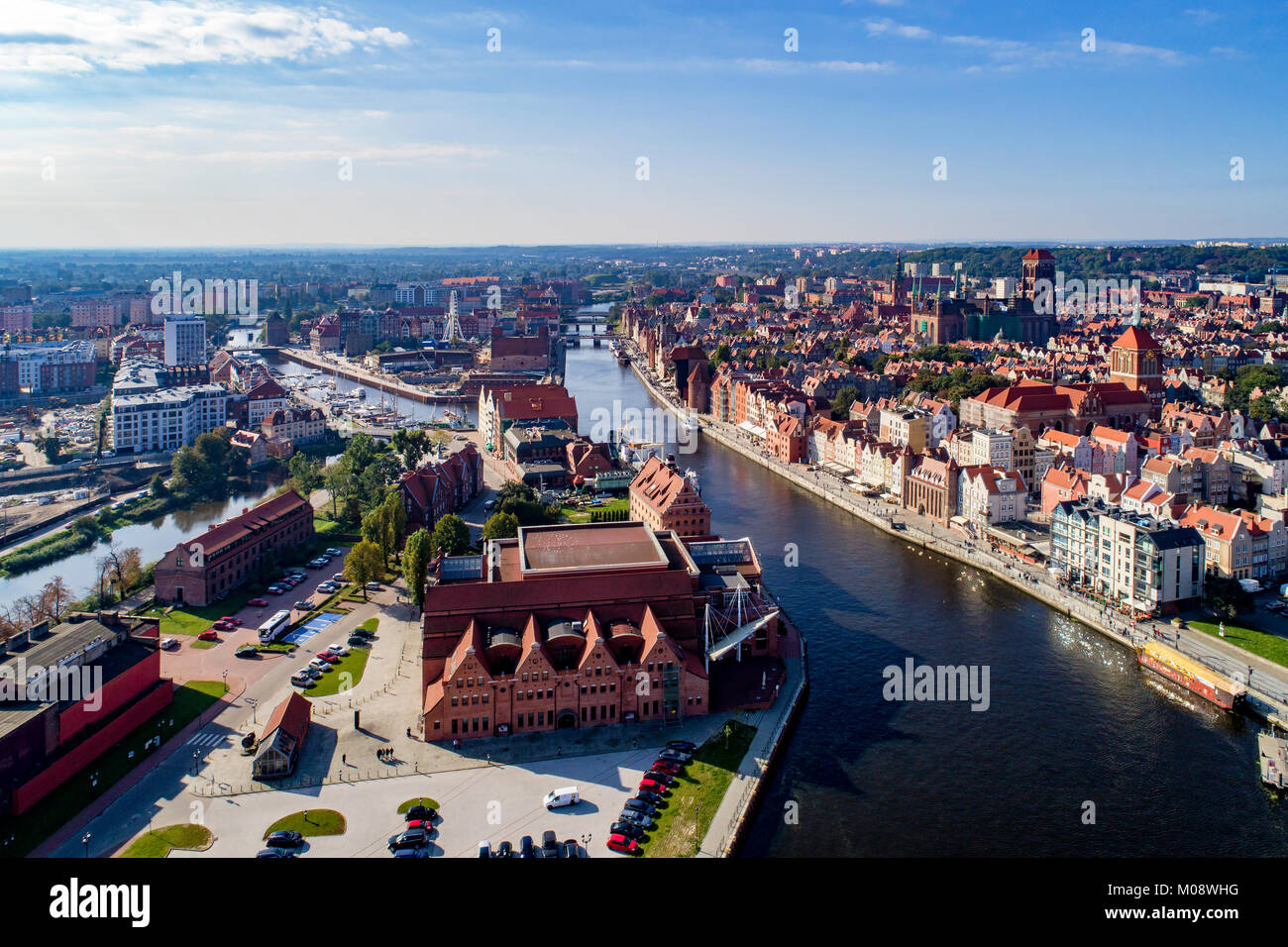Gdansk, Poland. Aerial skyline with Motlawa river, bridges, marina, Baltic Philharmonic Hall and famous monuments Stock Photo