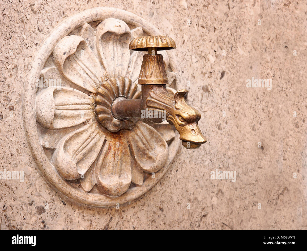 Faucet, in an old fountain, with the dragon head. Stock Photo
