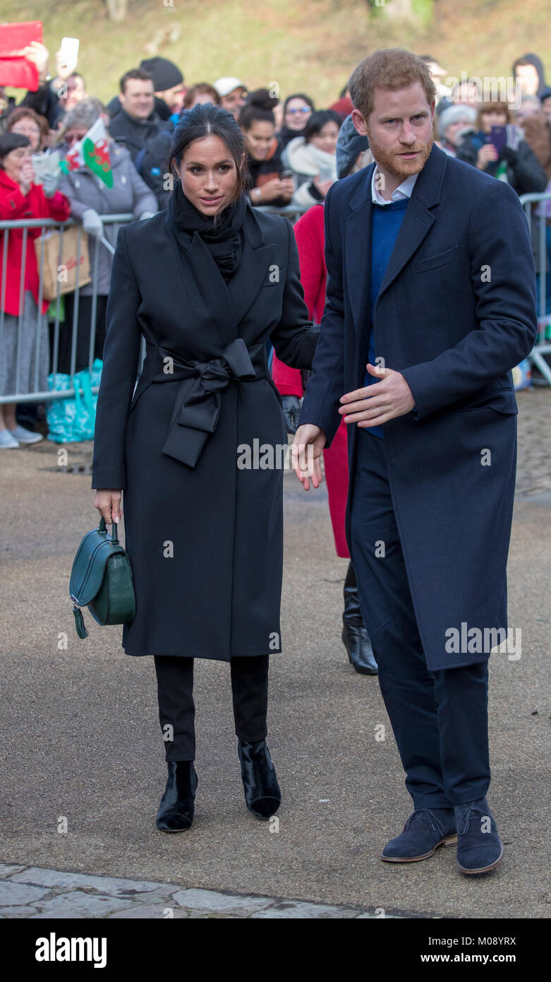 18th January 2018 Cardiff UK  Britain's Prince Harry and Meghan Markle meet the crowds waiting in the grounds of Cardiff Castle as they tour the UK to introduce Meghan to the people. Stock Photo