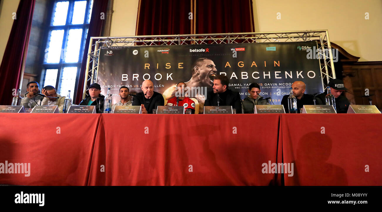 Atif Shafiq (left to right), Kid Galahad, Max McCracken, Gamal Yafai, Dominic Ingle, Kell Brook, Eddie Hearn, Gavin McDonnell, Dave Coldwell and David Allen during the press conference at Sheffield Town Hall. Stock Photo