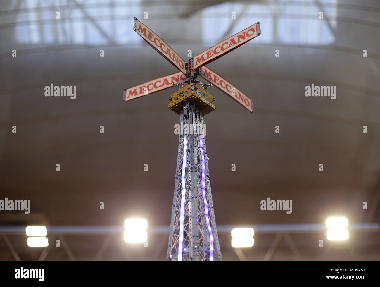 The top of a Meccano model of the Eiffel Tower, during the London Model Engineering exhibition held at Alexandra Palace, London. Stock Photo
