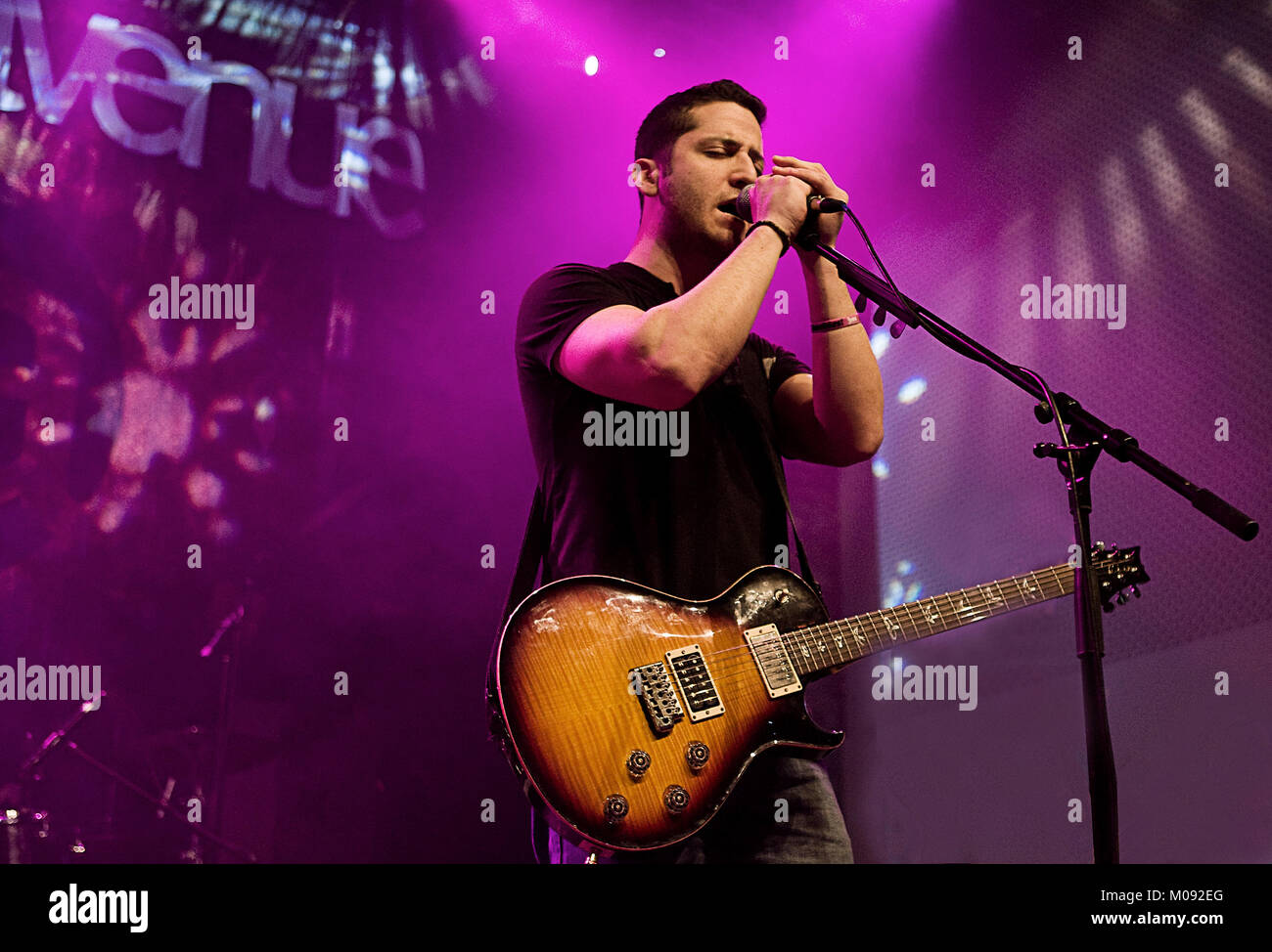 The American rock band Boyce Avenue performs a live concert at Sankt Peter  in Frankfurt. Here guitarist and lead singer Alejandro Manzano is pictured  live on stage. Germany, 08/11 2010 Stock Photo - Alamy