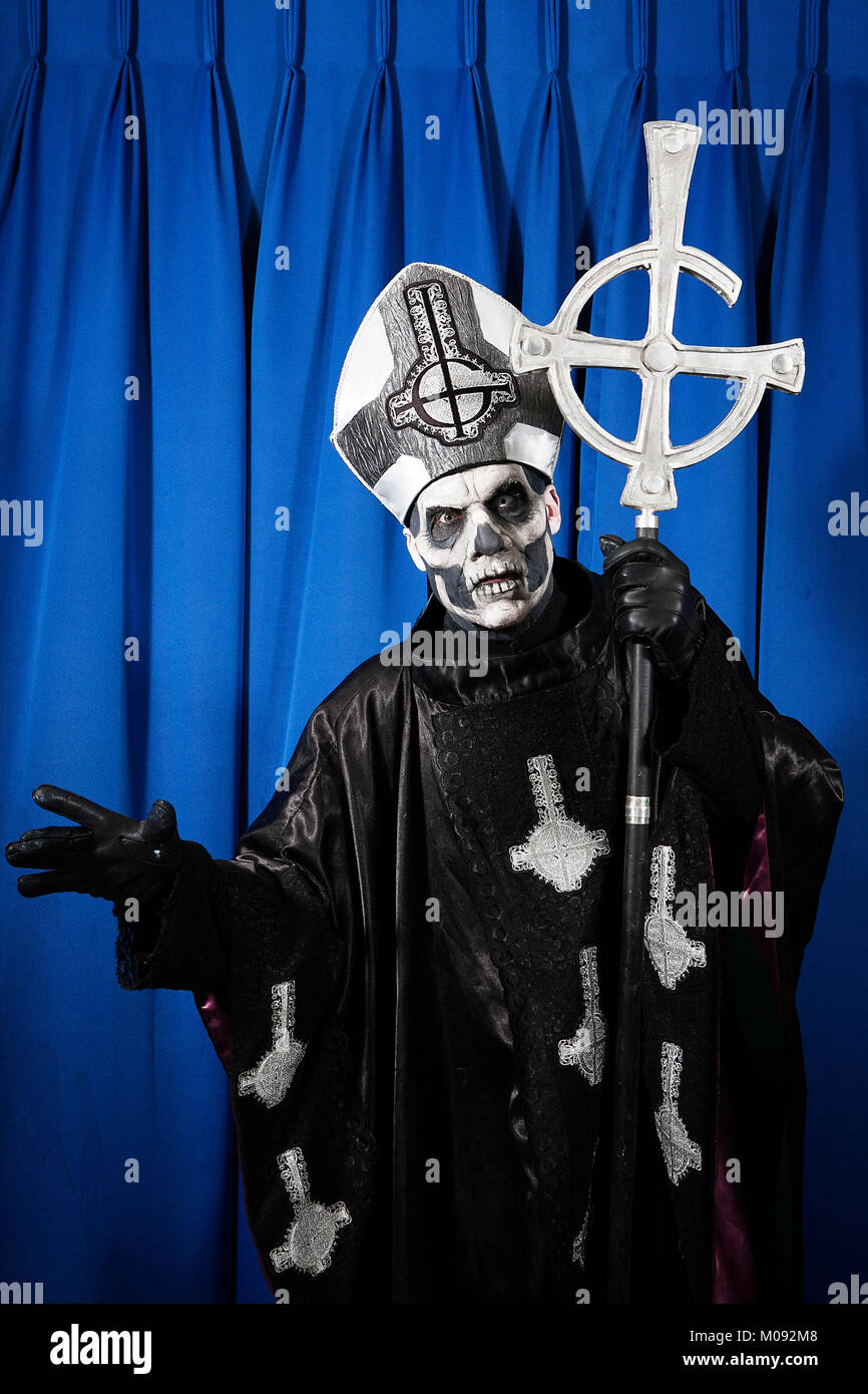 The Swedish heavy metal band Ghost originates from Linköping. The band's  vocalist Papa Emeritus II wears skull make-up and is dressed as a Roman  Catholic pope and is here pictured backstage before
