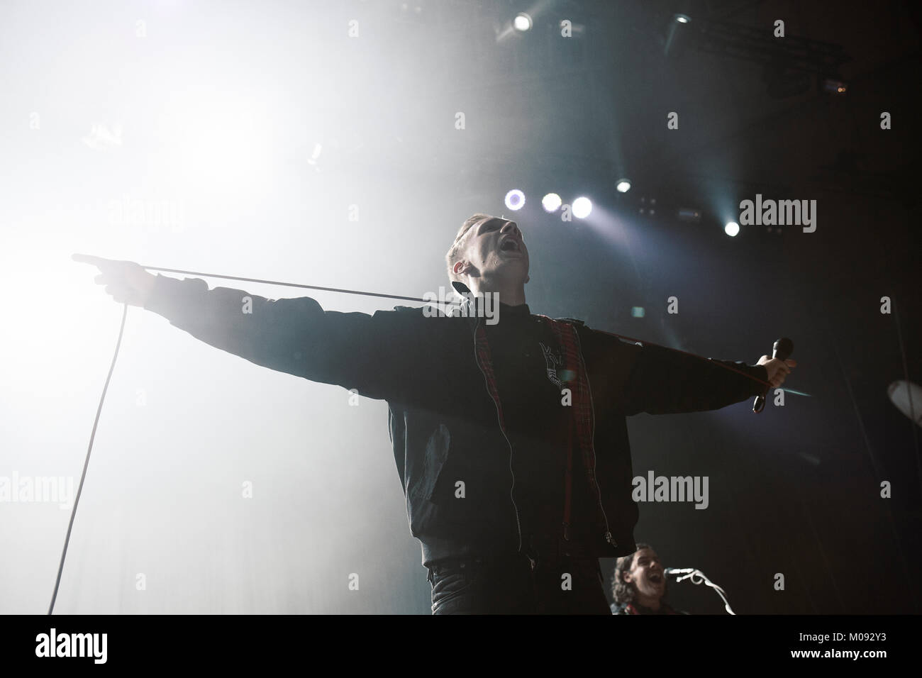 The German indie-rock band Kraftklub combines different genres such as rock and rap and here performs a live concert at Westfallenhalle in Dortmund as part of Visions 25th anniversary Club Edition. Here vocalist Felix Brummer is pictured live on stage. Germany, 25/10 2014. Stock Photo