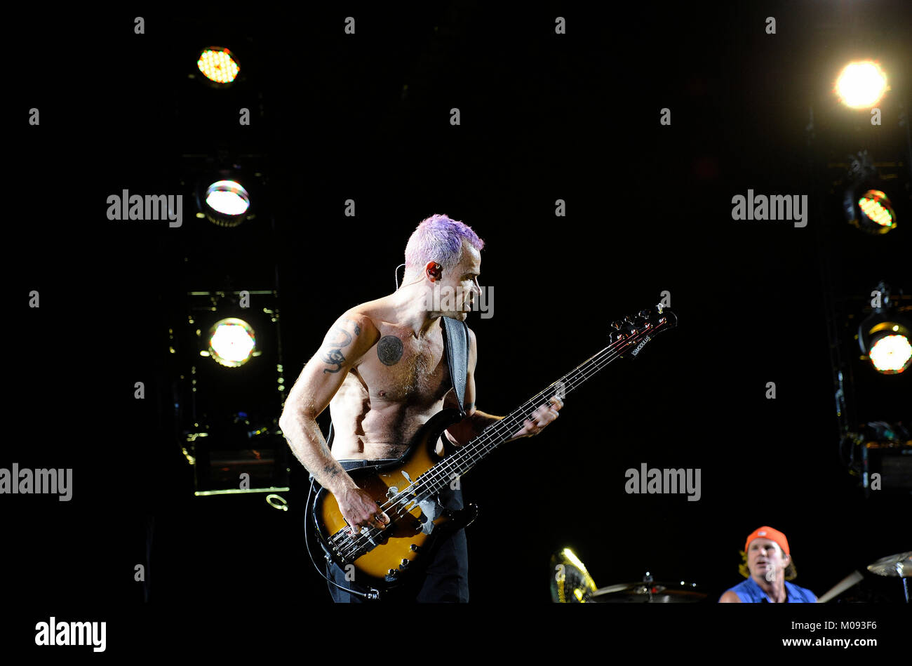 The American rock band Red Hot Chili Peppers performs a live concert at the German music festival Rock im Pott 2012 at Veltins-Arena in Gelsenkirchen. Here the bassist Michael Peter Balzary (better known as Flea) is pictured live on stage. Germany, 25/08 2012. Stock Photo