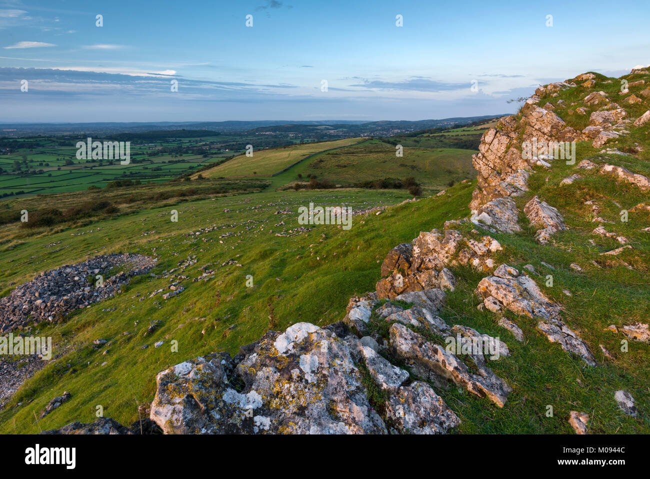 The Limestone outcrop at Crook Peak in the Mendip Hills, Somerset, England. Stock Photo