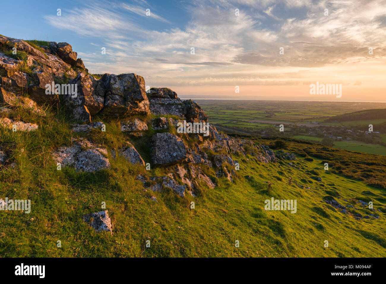 The Limestone outcrop at Crook Peak in the Mendip Hills, Somerset, England. Stock Photo
