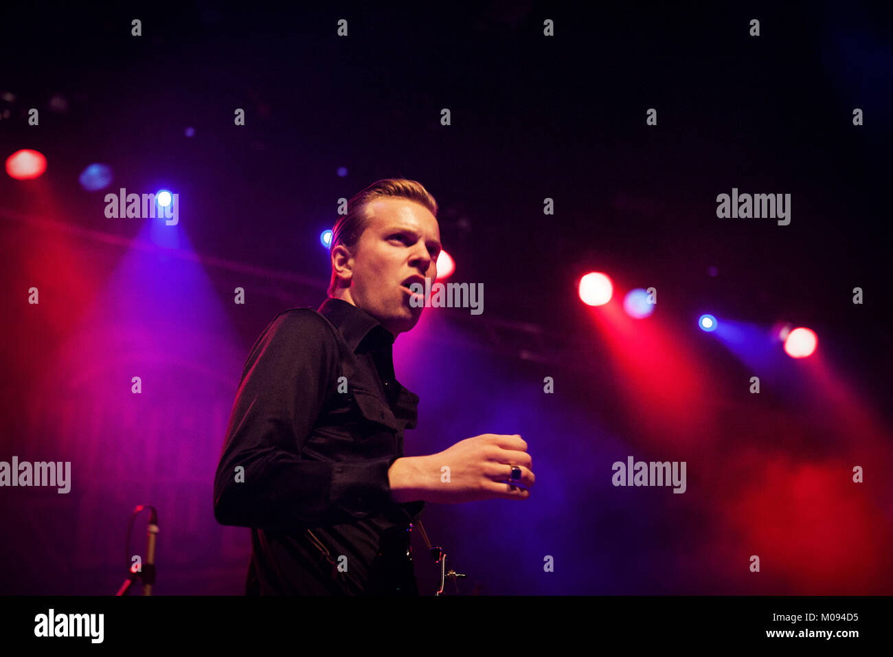 The Swedish rock band The Durango Riot performs a live concert at Das Freizeitzentrum West (FZW) in Dortmund as part of Visions 25th anniversary Club Edition at the Visions Festival 2014. Here singer and musician Fred Andersson is pictured live on stage. Germany, 05/10 2014. Stock Photo