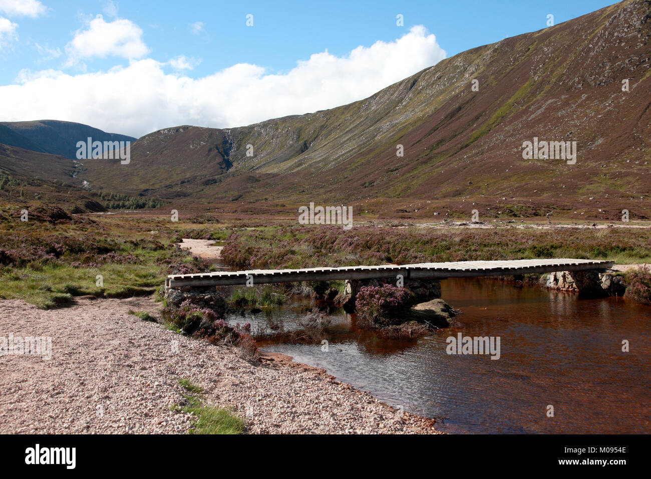 The stream from Dubh Loch flowing into the southern end of Loch Muick in Glen Muick on the Balmoral Estate in Aberdeenshire Stock Photo