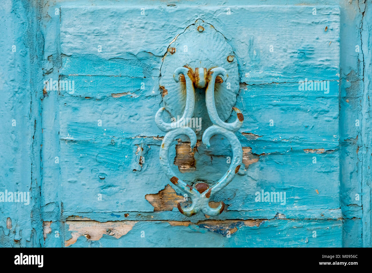 old turquoise door knocker in the old town of Rethymno, Europe, Crete, Greece, Rethymno, Europe, Crete, Greece, GR, Travel, Tourism, Travel Destinatio Stock Photo