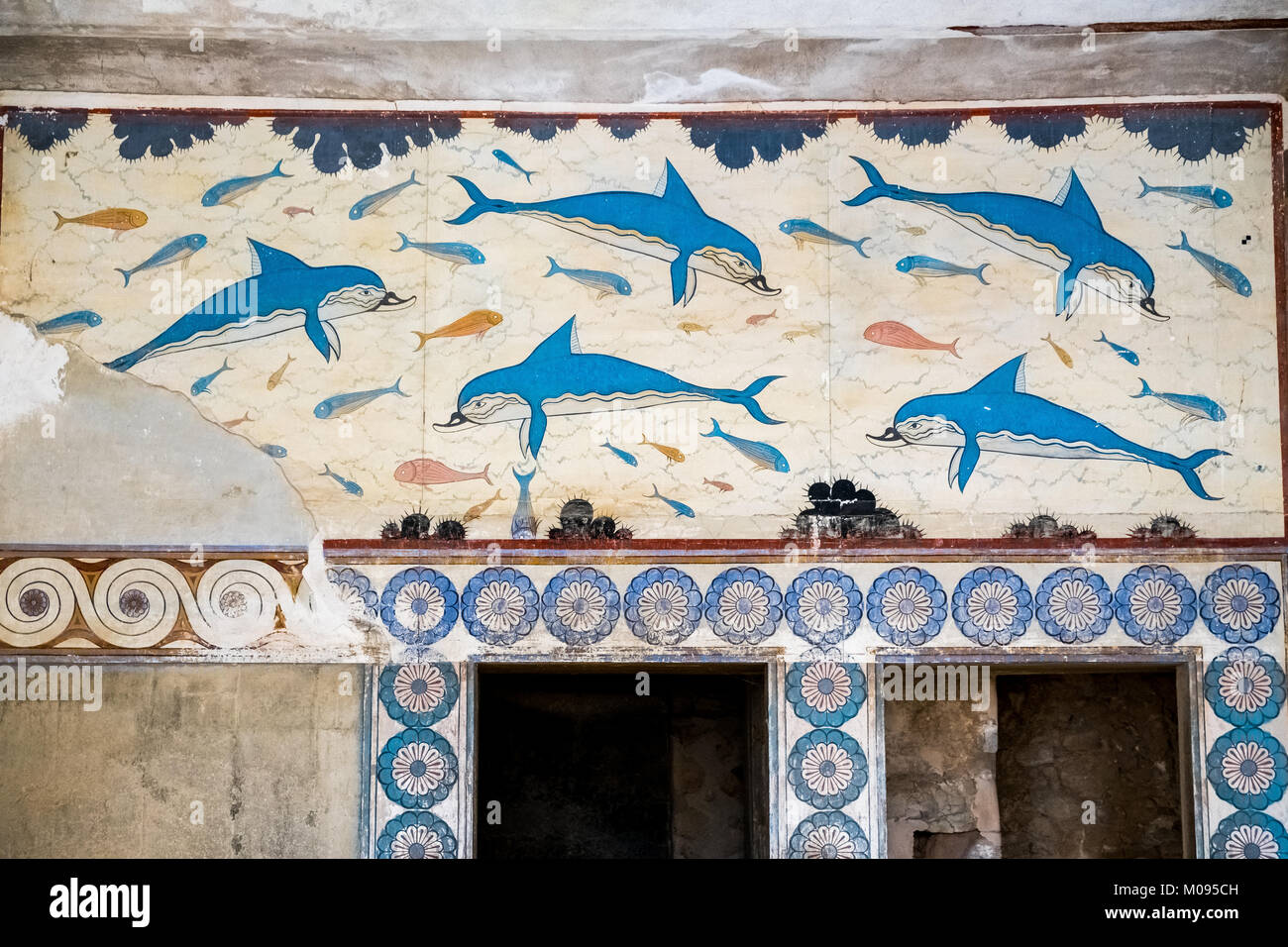 Reconstruction of Dolphin frescoes by Arthur Evans, Megaron the King and pillared vestibule in the palace of Knossos, Knossos, Minoan archaeological s Stock Photo