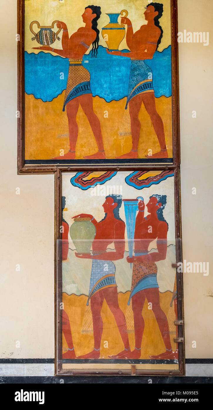 Procession, Frescoes, Reconstruction of Arthur Evans, Southern Propylaeum of Knossos, Minoan archaeological site, Parts of the Minoan temple complex o Stock Photo