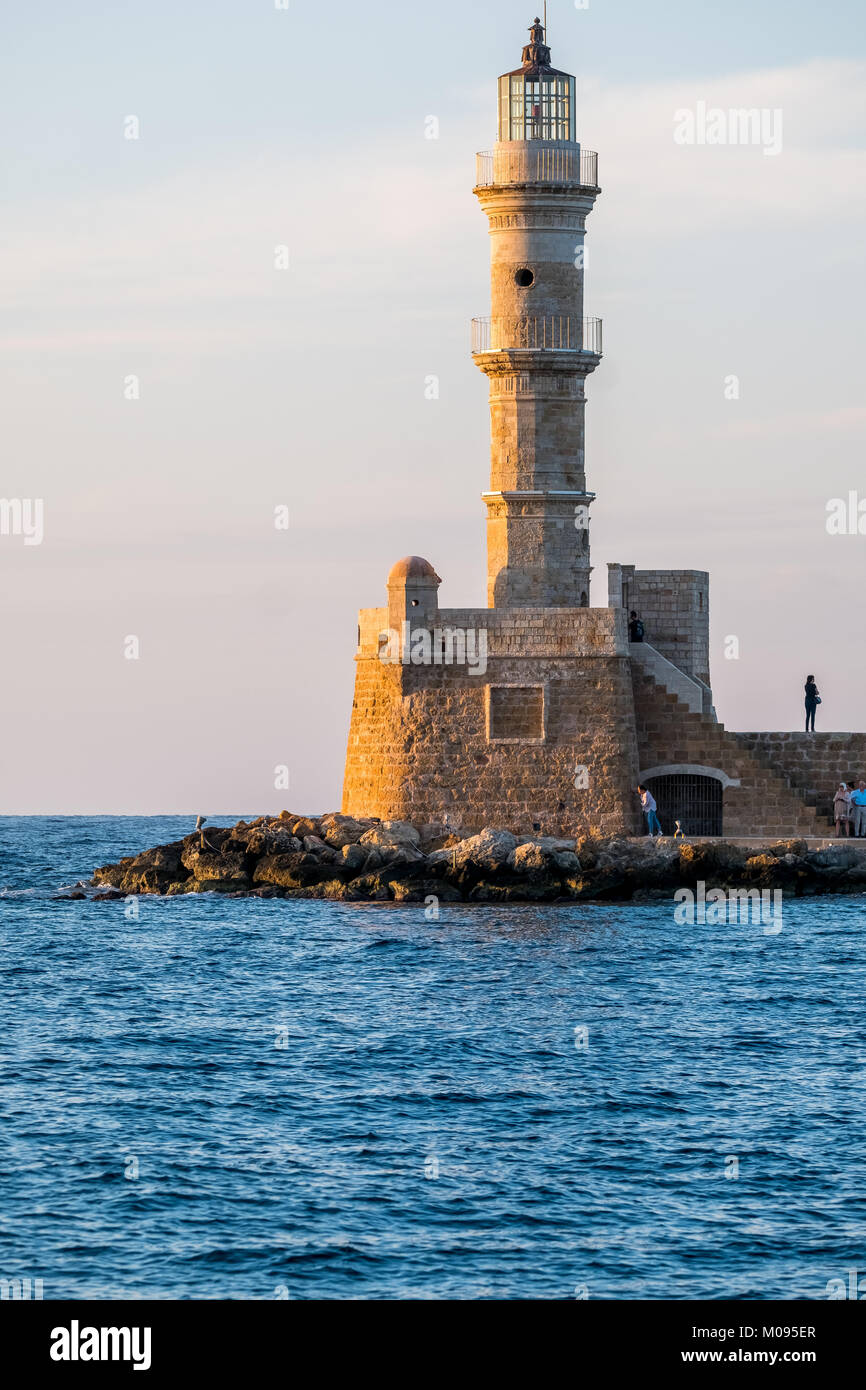 Venetian lighthouse at the port of Chania in the evening light, Crete, Greece, Europe, Chania, Europe, Crete, Greece, GR, Travel, Tourism, Travel dest Stock Photo