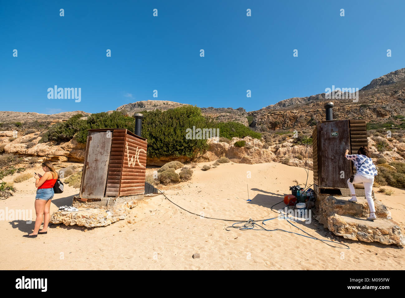 simple toilets on the dream beach of Balos Beach, WC, sandy beach, Gramvousa Peninsula, Crete, Greece, Europe, Chania, Europe, Crete, Greece, GR, Trav Stock Photo