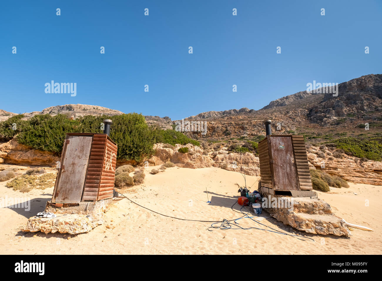 simple toilets on the dream beach of Balos Beach, WC, sandy beach, Gramvousa Peninsula, Crete, Greece, Europe, Chania, Europe, Crete, Greece, GR, Trav Stock Photo