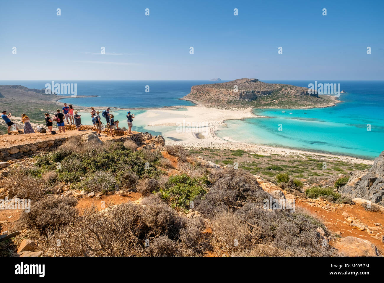 View with tourists on the dream beach Balos Beach, sandy beach, Gramvousa Peninsula, Crete, Greece, Europe, Chania, Europe, Crete, Greece, GR, Travel, Stock Photo