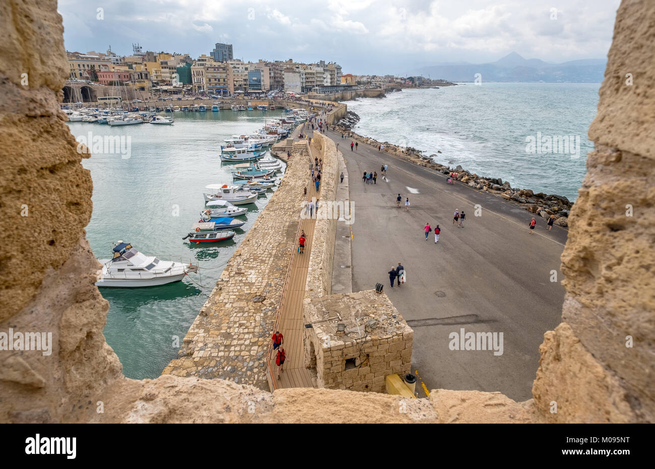 View of the access road to Koules Fortress or Rocca al Mare Fortress, Venetian Port of Heraklion, Heraklion, Crete, Greece, Europe, Heraklion, Europe, Stock Photo