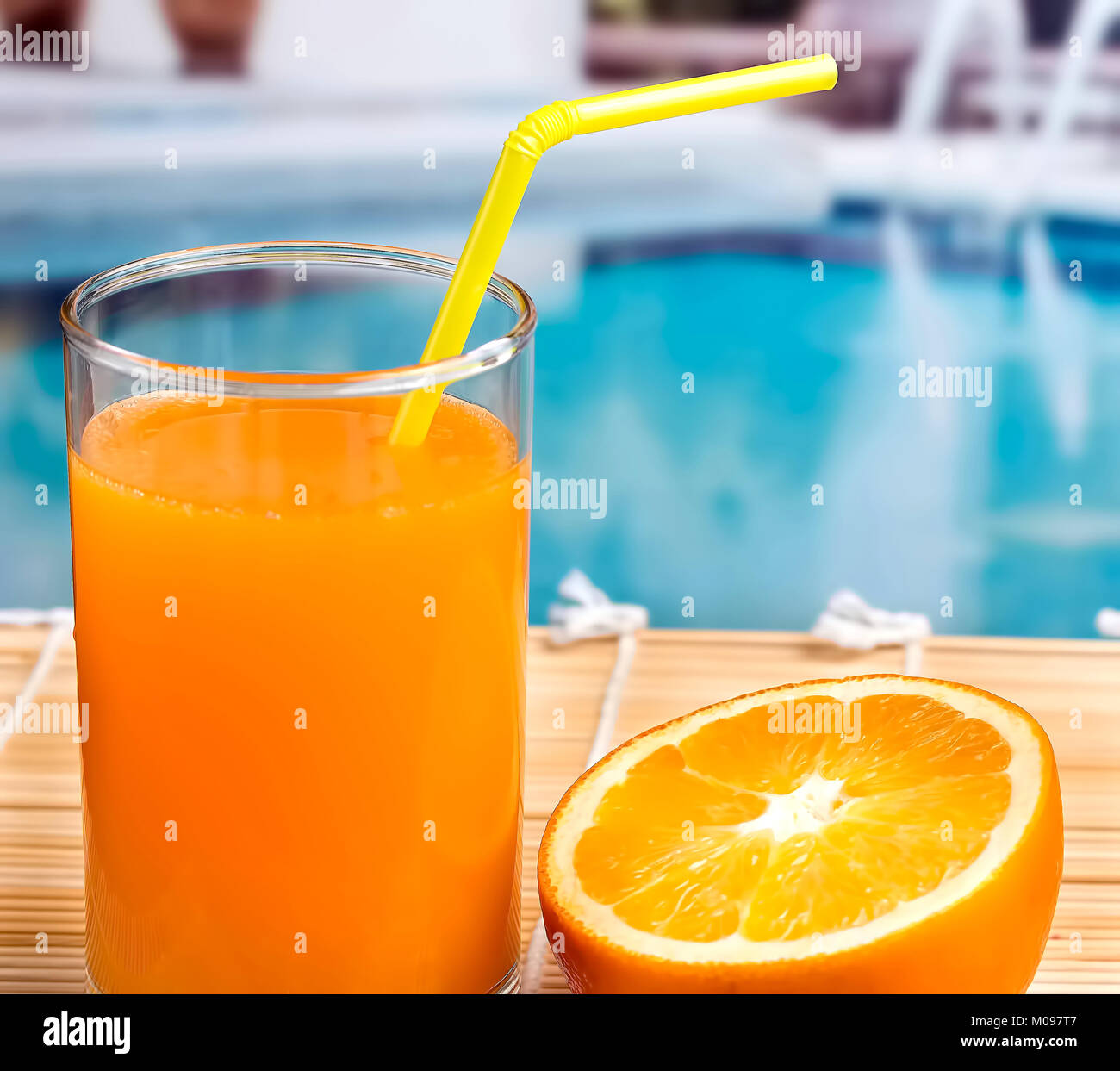 Orange Juice Squeezed Showing Drink By Pool And Drink By Pool Stock