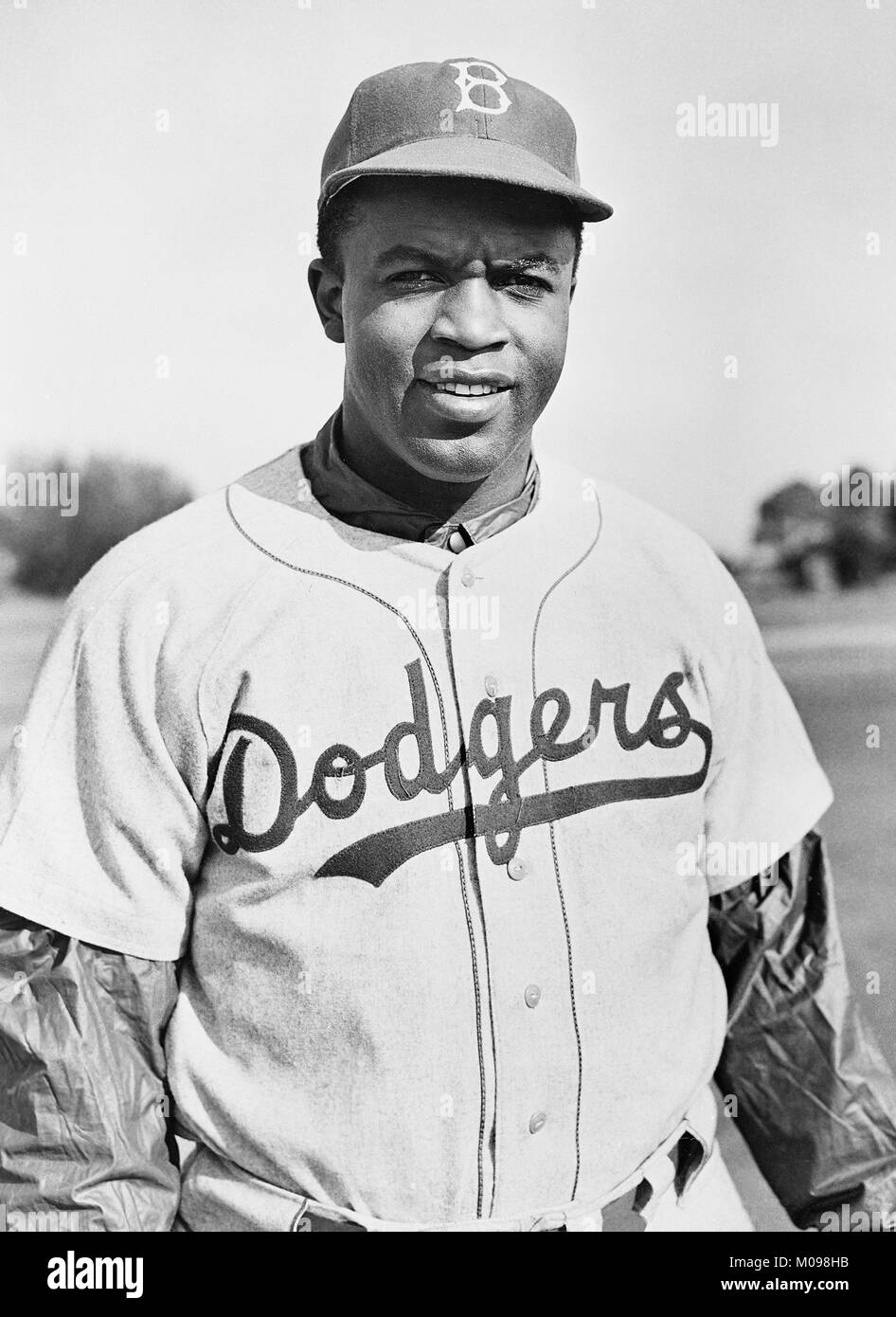 Jackie Robinson (1919-1972) in Brooklyn Dodgers uniform, 1950. Robinson was the first black player in Major League Baseball. Stock Photo