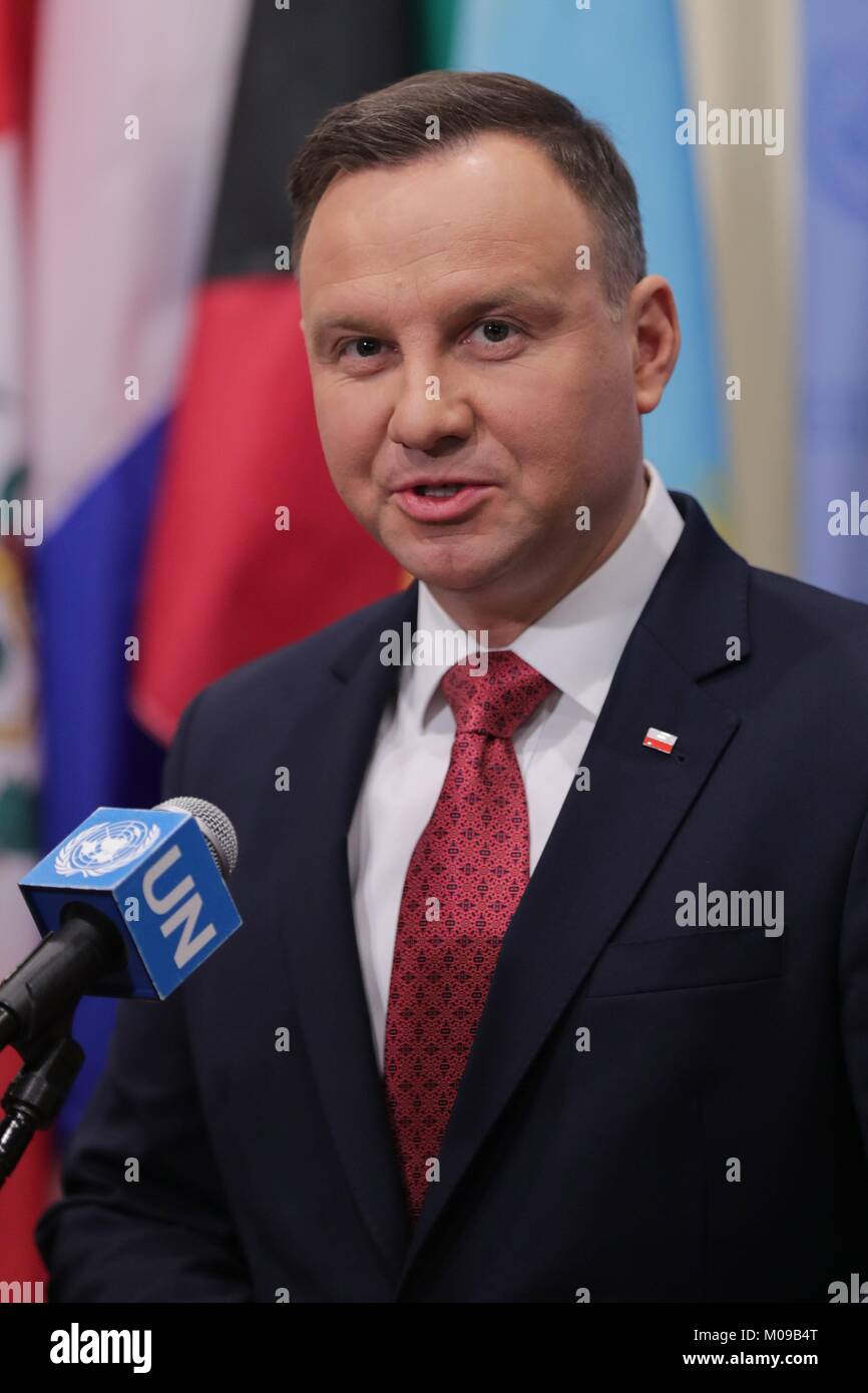 United Nations, New York, USA, January 18 2018 - Andrzej Duda, President of the Republic of Poland presser after the Security Council meeting on Non-proliferation of Weapons of Mass Destruction today at the UN Headquarters in New York City. Photo: Luiz Rampelotto/EuropaNewswire *** Local Caption *** 00005860 | usage worldwide Stock Photo