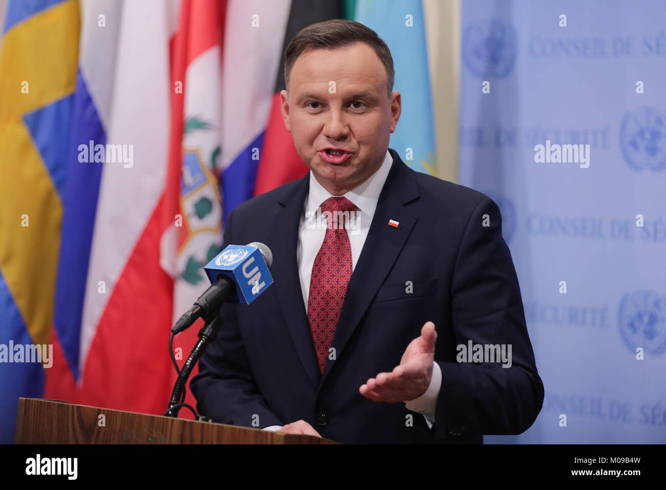 United Nations, New York, USA, January 18 2018 - Andrzej Duda, President of the Republic of Poland presser after the Security Council meeting on Non-proliferation of Weapons of Mass Destruction today at the UN Headquarters in New York City. Photo: Luiz Rampelotto/EuropaNewswire *** Local Caption *** 00005862 | usage worldwide Stock Photo