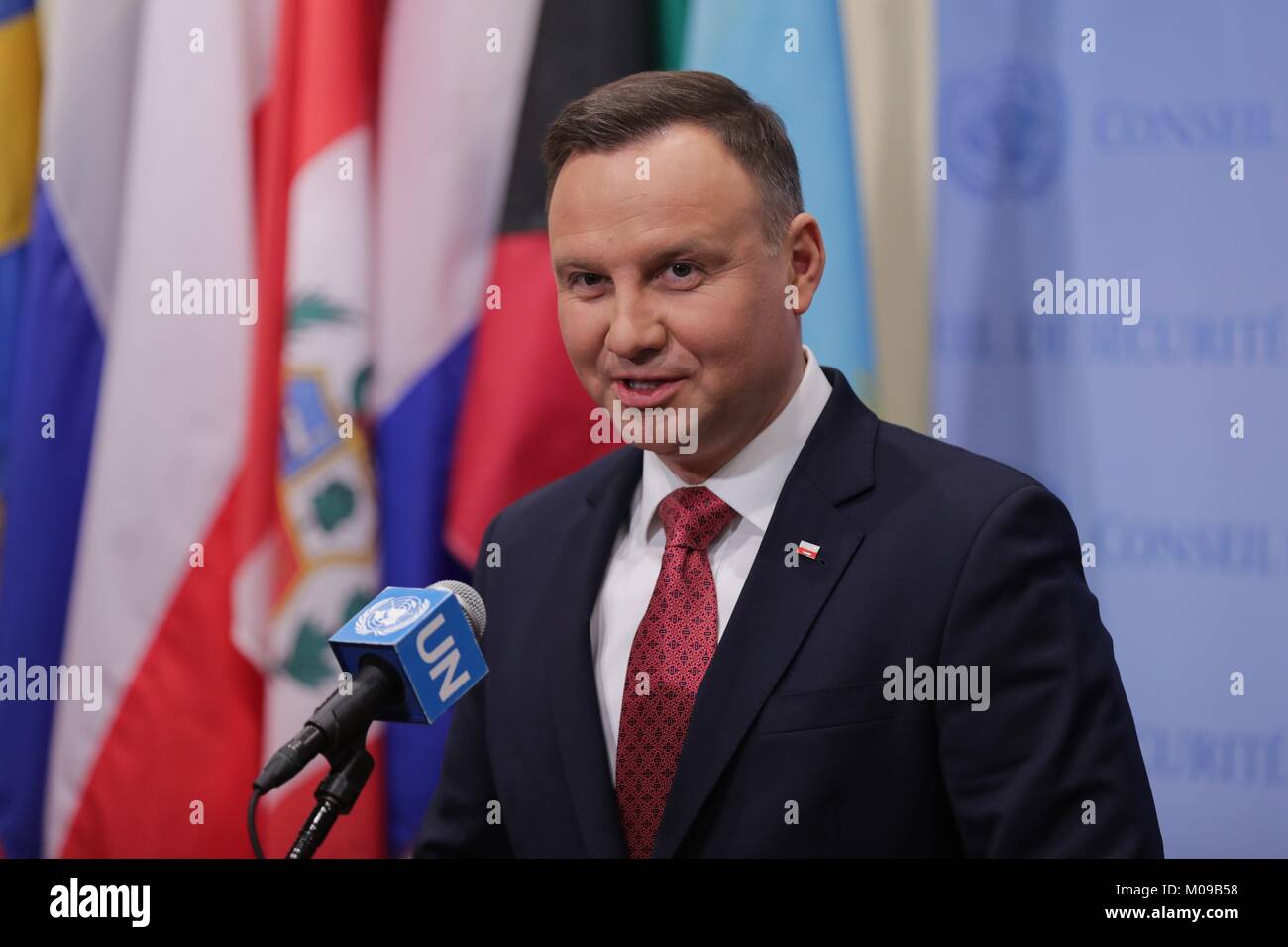United Nations, New York, USA, January 18 2018 - Andrzej Duda, President of the Republic of Poland presser after the Security Council meeting on Non-proliferation of Weapons of Mass Destruction today at the UN Headquarters in New York City. Photo: Luiz Rampelotto/EuropaNewswire *** Local Caption *** 00005859 | usage worldwide Stock Photo