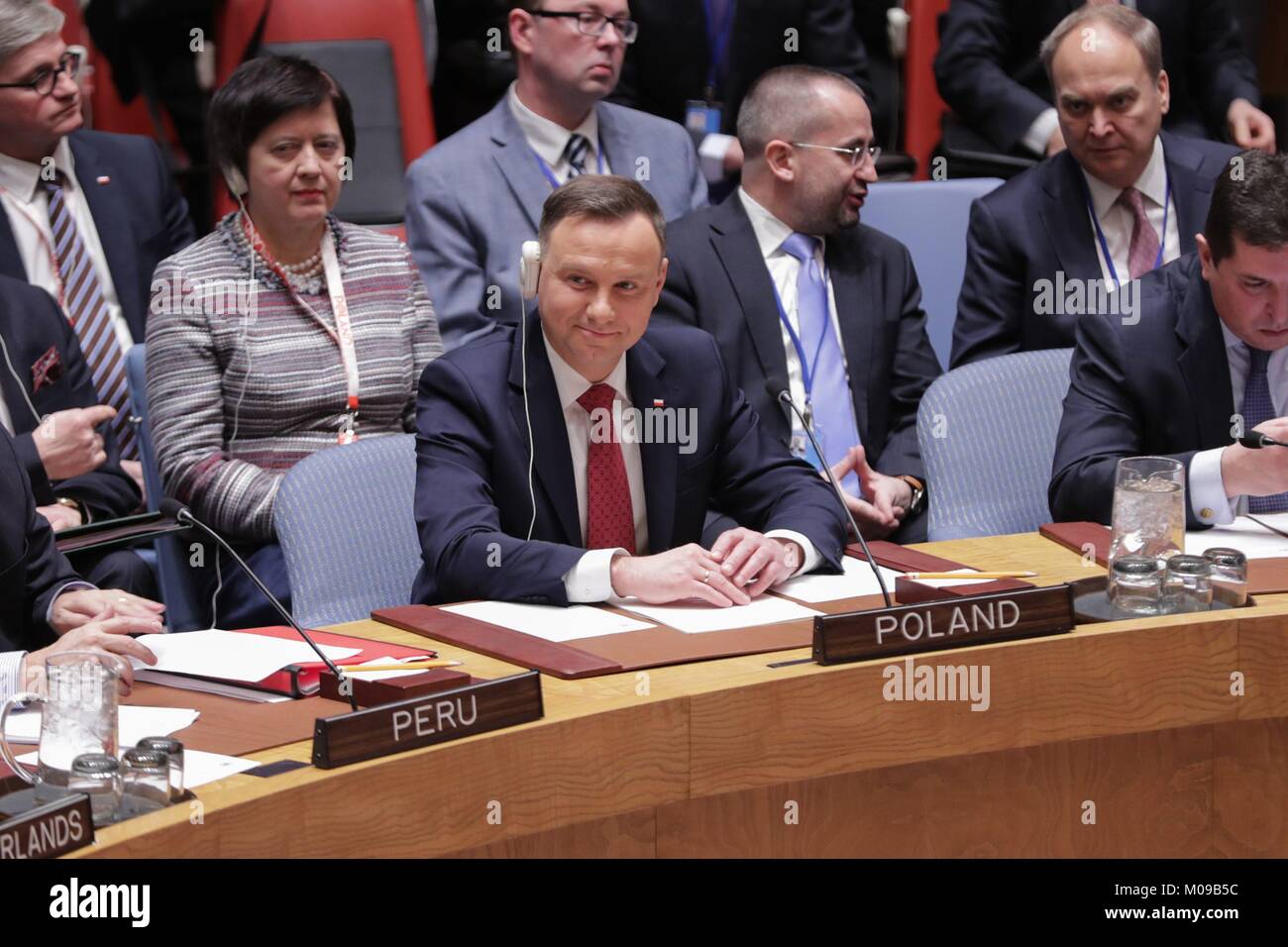 United Nations, New York, USA, January 18 2018 - Andrzej Duda, President of the Republic of Poland, During a Security Council meeting on Non-proliferation of Weapons of Mass Destruction today at the UN Headquarters in New York City. Photo: Luiz Rampelotto/EuropaNewswire *** Local Caption *** 00005848 | usage worldwide Stock Photo