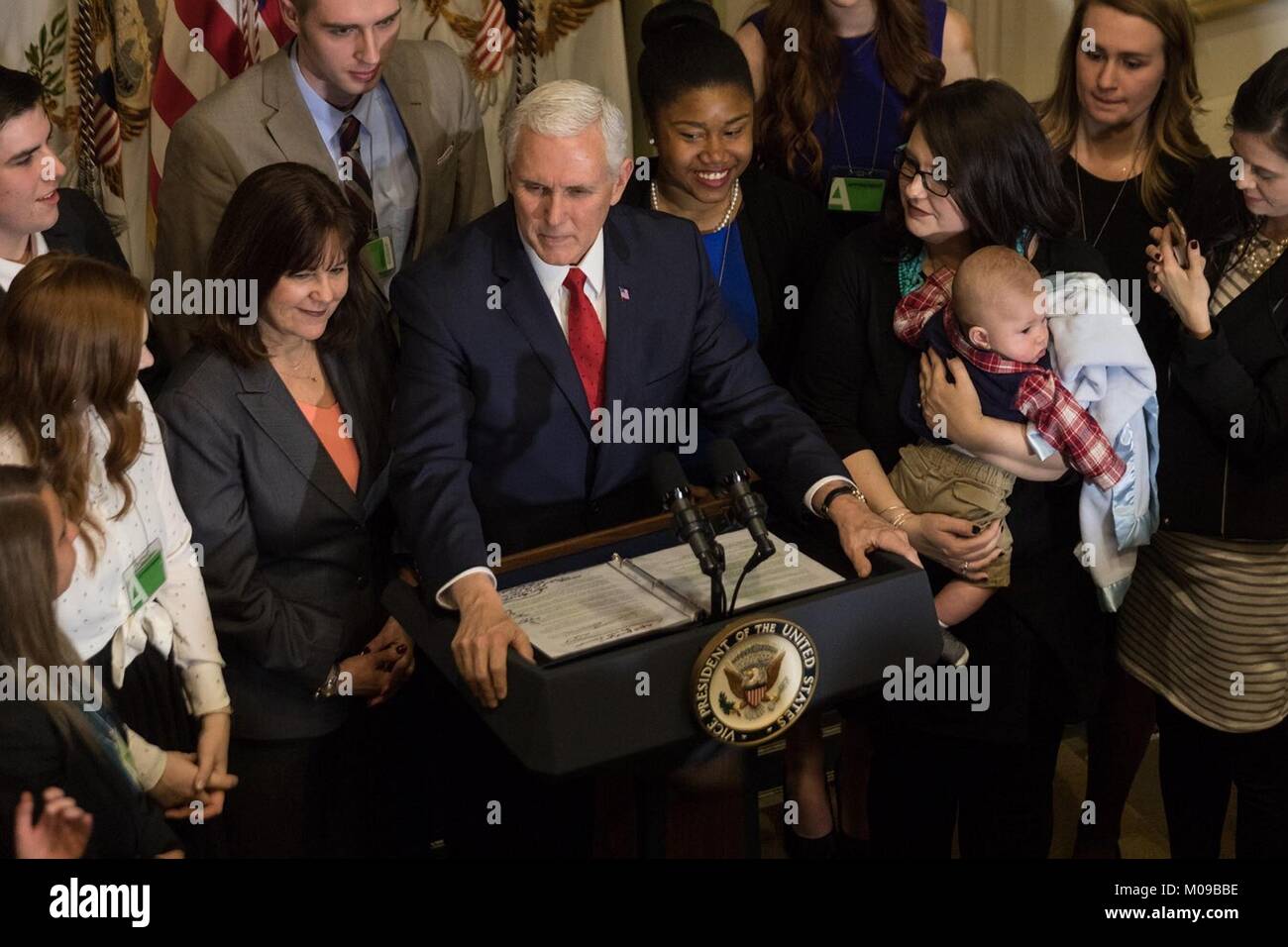 Washington, USA. 18th Jan, 2018. U.S. Vice President Mike Pence, and wife Karen Pence speak to anti-abortion, Right to Life activists during the March for Life reception at the U.S. Capitol January 18, 2018 in Washington, DC. Credit: Planetpix/Alamy Live News Stock Photo