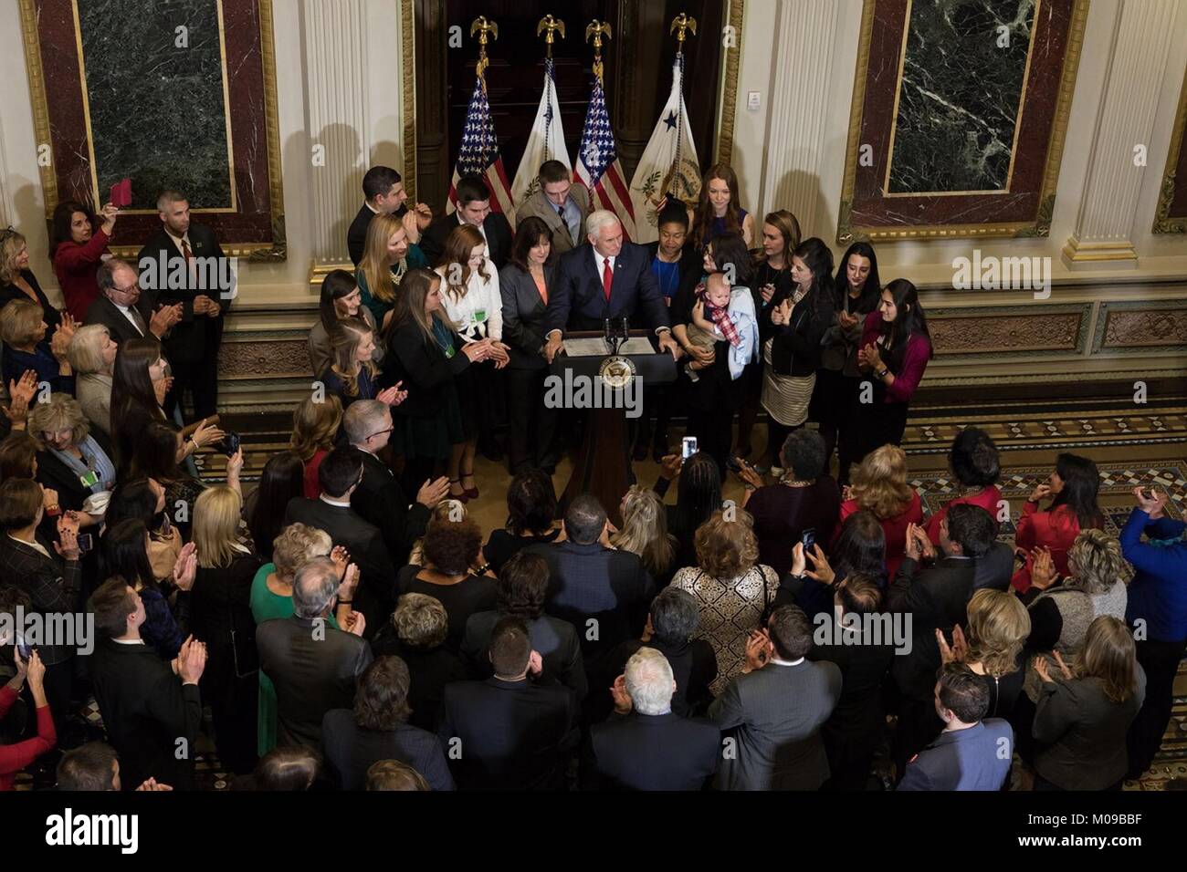 Washington, USA. 18th Jan, 2018. U.S. Vice President Mike Pence, and wife Karen Pence speak to anti-abortion, Right to Life activists during the March for Life reception at the U.S. Capitol January 18, 2018 in Washington, DC. Credit: Planetpix/Alamy Live News Stock Photo