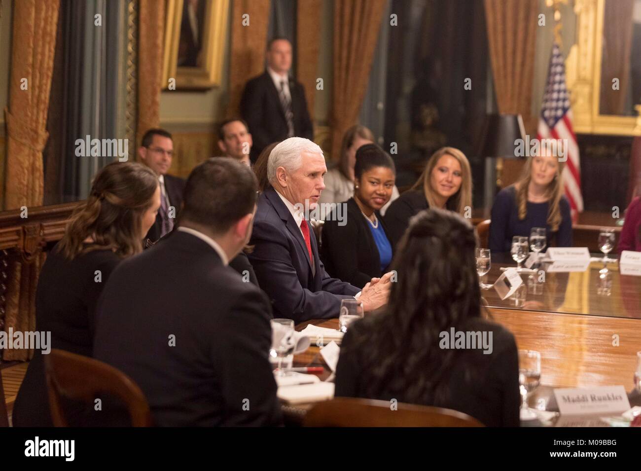 Washington, USA. 18th Jan, 2018. U.S. Vice President Mike Pence, and wife Karen Pence speak to anti-abortion, Right to Life activists during the March for Life reception at the U.S. Capitol January 18, 2018 in Washington, DC. Credit: Planetpix/Alamy Live News Stock Photo