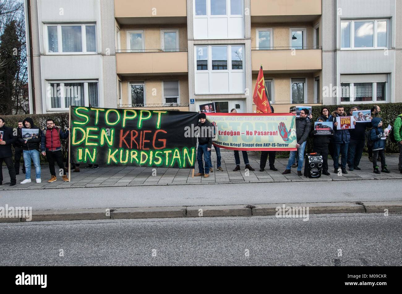 Munich, Germany. 19th Jan, 2018. Approximately 65 demonstrated in front of Munich's Turkish Consulate in response to the controversial Turkish offensive in Afrin, northern Syria. Chants included ''Erdogan.terrorist''. The US State Department has urged Turkey to not invade Afrin, which is in a Kurdish-controlled district north of Aleppo, but Turkish forces began shelling on Thursday. Credit: ZUMA Press, Inc./Alamy Live News Stock Photo