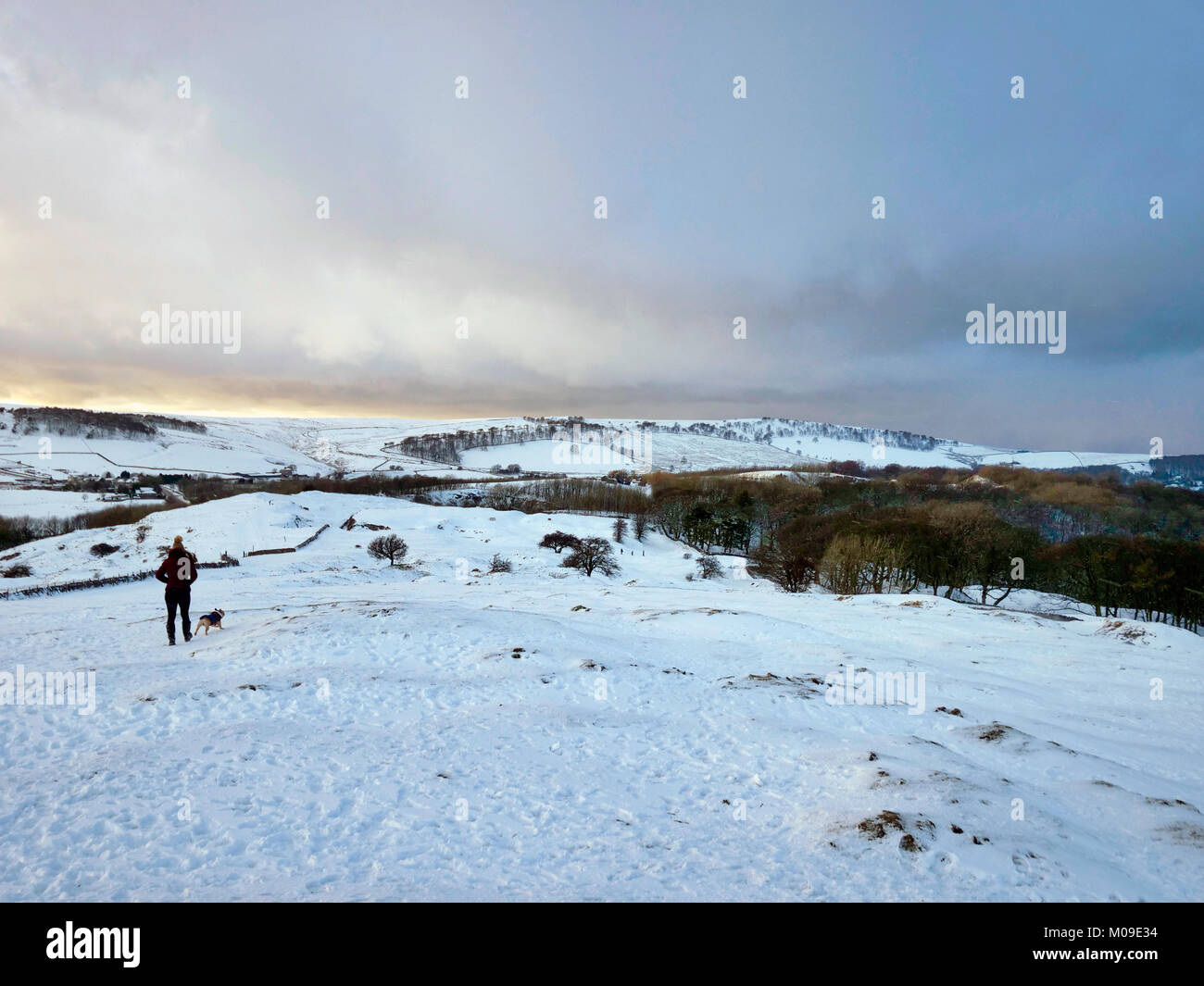 Buxton, Derbyshire, UK. 19th January, 2018.  UK Weather: Solomon's Temple Buxton Derbyshire, dog walkers in the snow near Solomon's Temple also called Grinlow Tower the Victorian Fortified hill marker above the spa town of Buxton in the Derbyshire Peak District National Park Credit: Doug Blane/Alamy Live News Credit: Doug Blane/Alamy Live News Stock Photo