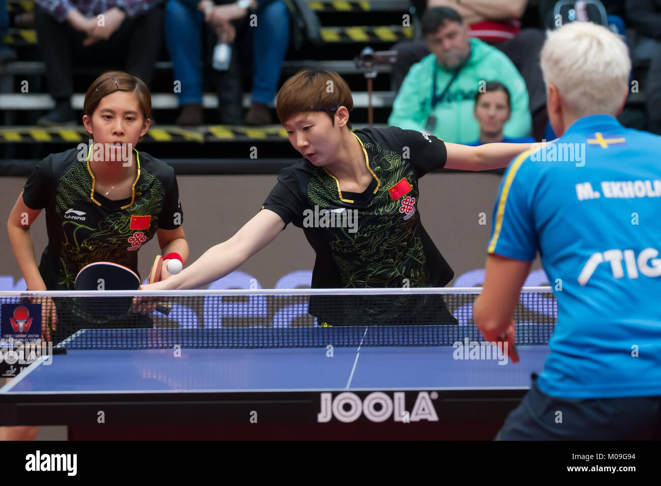 Budapest. 19th Jan, 2018. China's Chen Ke/Wang Manyu (C) compete against  Matilda Ekholm of Sweden and Georgina Pota of Hungary during the women's  doubles semi-final match at the ITTF World Tour Hungarian