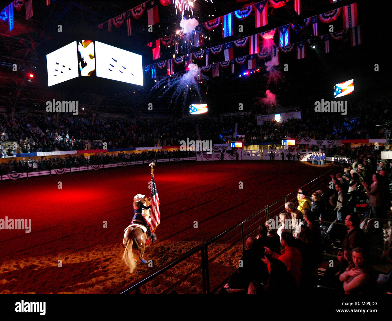 Fort Worth, USA. 19th Jan, 2018. Let the party begin, fireworks at the opening of the Fort Worth Stock Show and Rodeo opening on Friday night. Marks the 100th year the event has happened indoors, and claiming to be the world's 'original indoor rodeo.' Credit: J. G. Domke/Alamy Live News Stock Photo