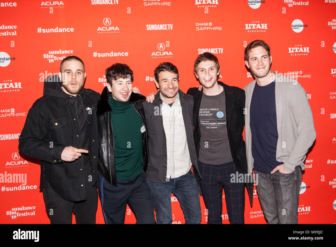 (L-R) Actors Jared Abrahamson, Barry Keoghan, Evan Peters and Blake Jenner with Director Bart Layton (C) attend the 'American Animals' Premiere during the 2018 Sundance Film Festival at Eccles Center Theatre on January 19, 2018 in Park City, Utah. Stock Photo