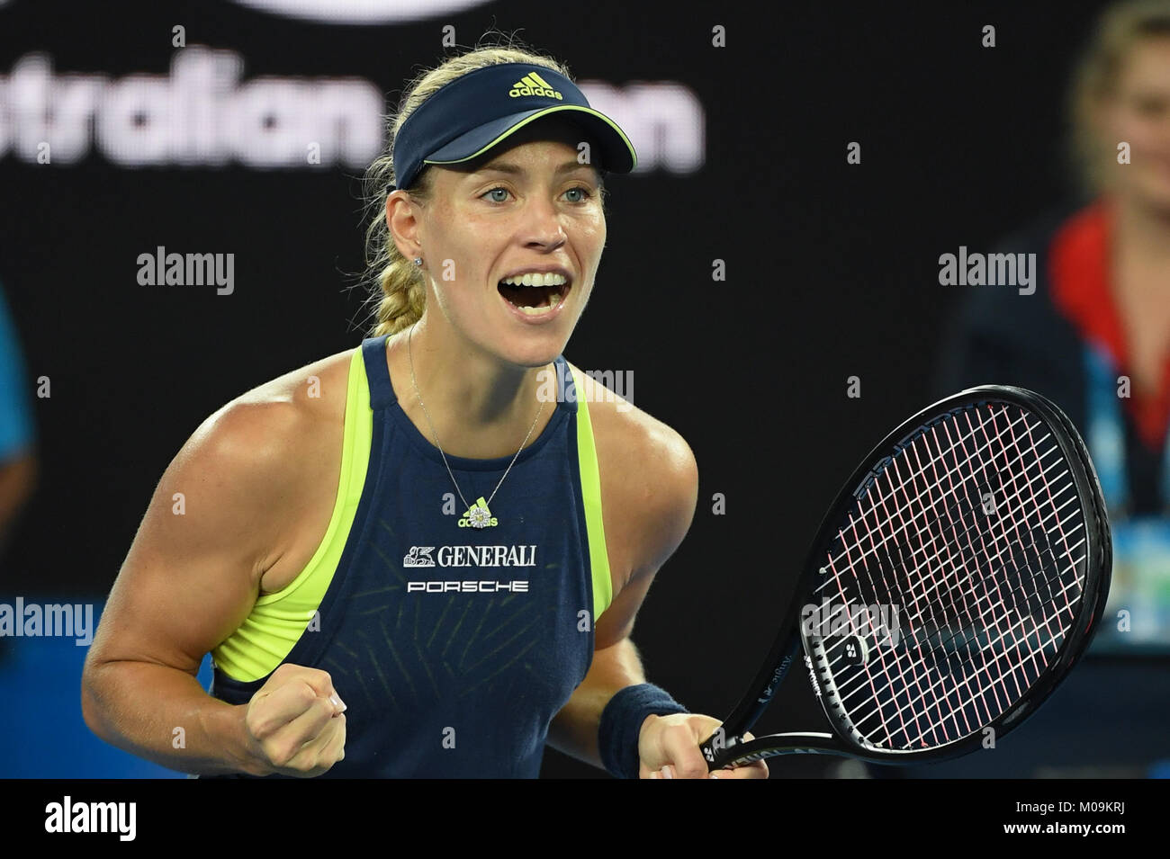 Melbourne, Australia. 20th Jan, 2018. 21st seed Angelique Kerber of Germany celebrates winning against Maria Sharapova of Russia in a 3rd round match on day six of the 2018 Australian Open Grand Slam tennis tournament in Melbourne, Australia. Kerber won 61 63. Credit: Cal Sport Media/Alamy Live News Stock Photo